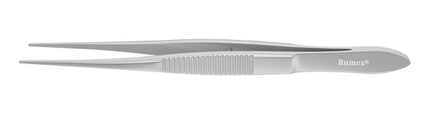 190R 4-071S Dressing Forceps with Delicate Serrations, 12.00 mm Serrated Tips, Straight, Flat Handle, Length 100 mm, Stainless Steel